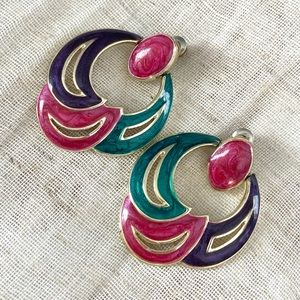 Vintage Jeweltone Enamel Doorknocker Earrings Pierced/Post Style Goldtone